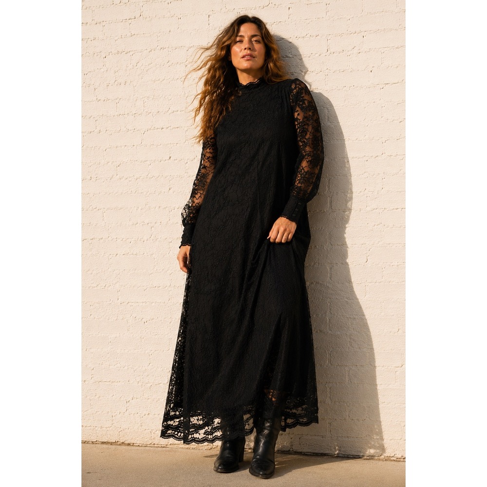 Vintage Blair Boutique Black Lace Mock Neck Maxi Dress Victorian Goth 18